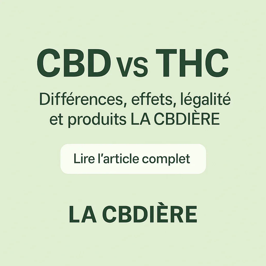 Visuel promotionnel carré LA CBDIÈRE présentant le titre CBD vs THC — différences, effets, légalité et produits CBD — avec un bouton incitant à lire l’article complet