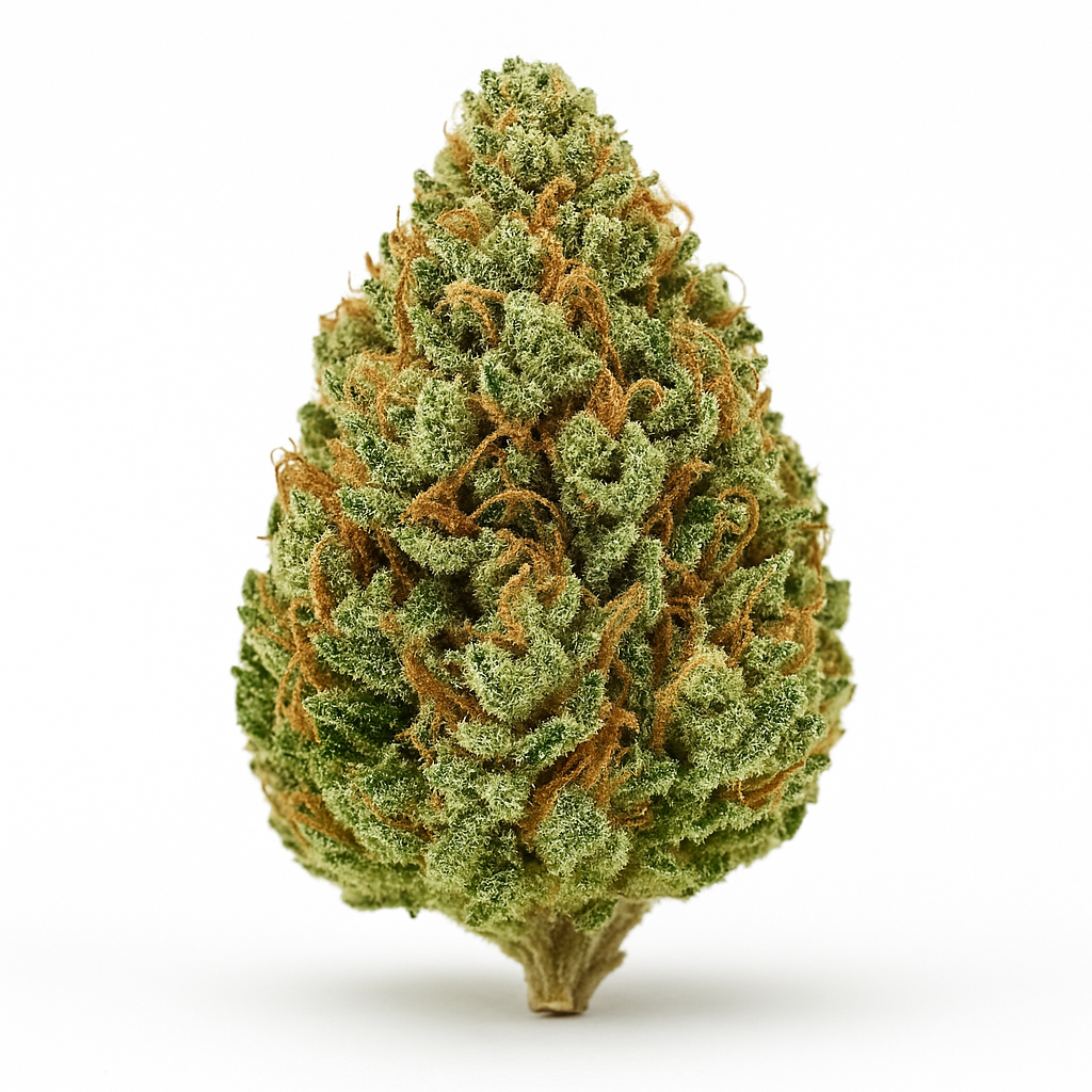 Fleur de CBD White Widow en gros plan – bourgeon dense couvert de trichomes blancs et de pistils orange