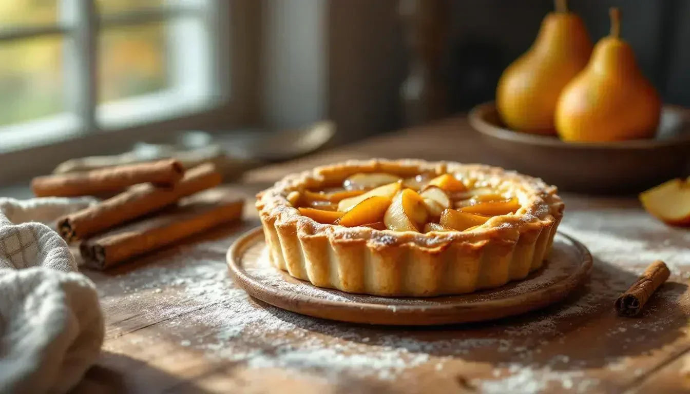 Tarte rustique pommes cannelle au CBD sur table en bois, pâte croustillante et pommes caramélisées – recette maison LA CBDIÈRE à base d’huile CBD légale