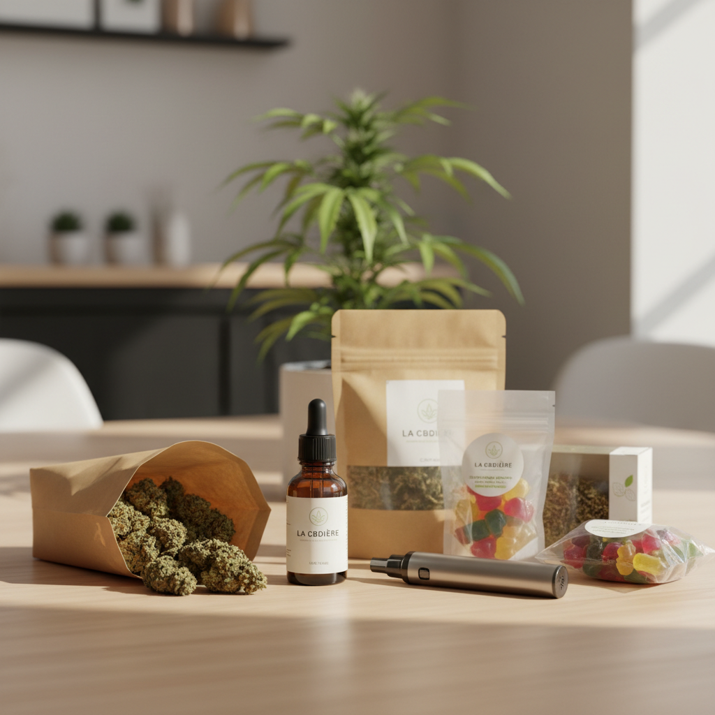 Visuel réaliste de produits CBD premium LA CBDIÈRE – flacon d’huile CBD, fleurs de CBD, gummies CBD, tisane CBD et vape pen CBD