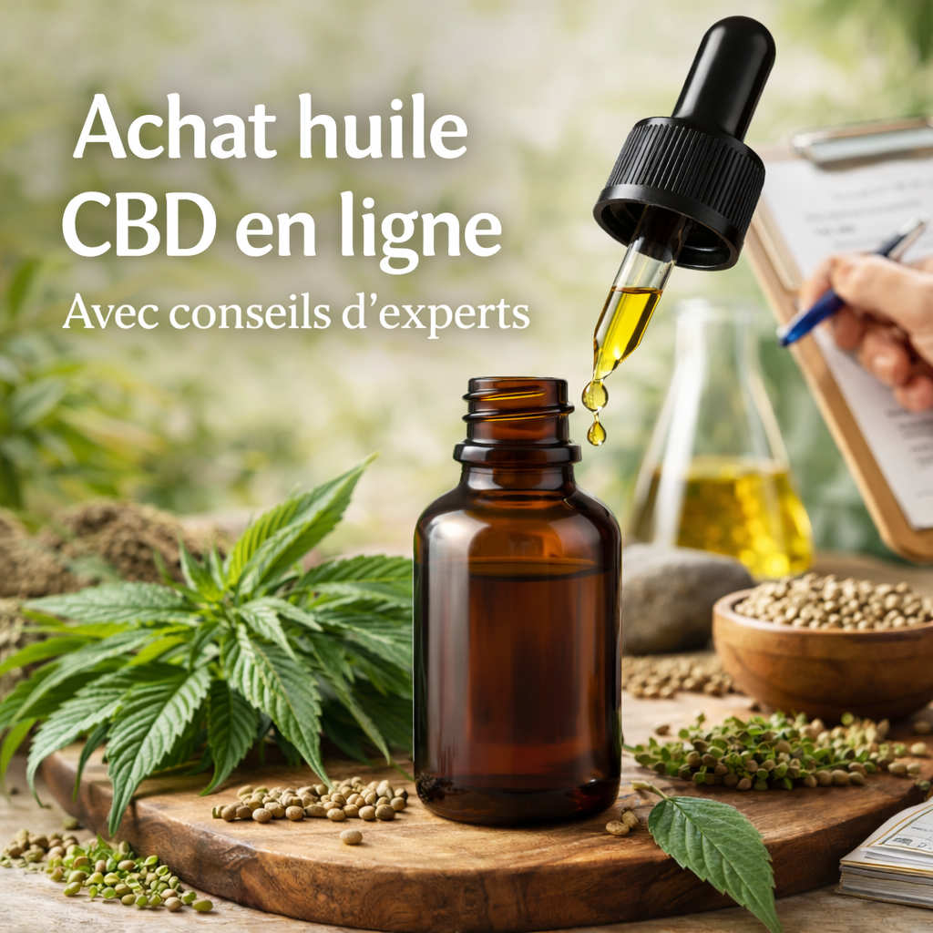 Achat huile CBD en ligne avec flacon d’huile de cannabidiol naturel et feuilles de chanvre pour bien-être et relaxation proposé par LA CBDIÈRE