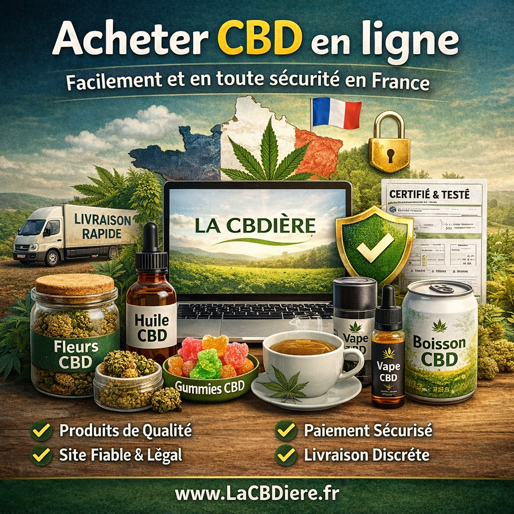 Acheter CBD en ligne en France – fleurs de CBD, huile CBD, e-liquide CBD, gummies cannabidiol et tisanes CBD légales disponibles sur la boutique française LA CBDIÈRE avec livraison rapide et produits testés en laboratoire