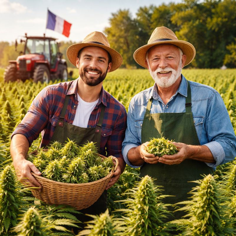 Agriculteurs français dans un champ de chanvre CBD, récolte de fleurs CBD naturelles, production locale française LA CBDIÈRE.
