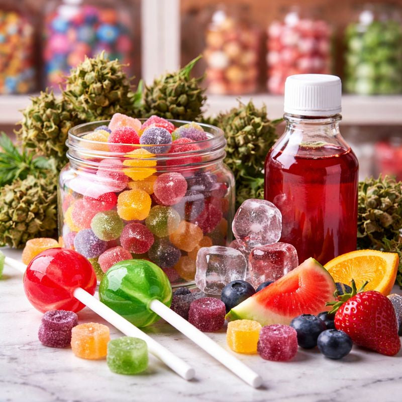Bonbons CBD et gummies THC en pot avec sucettes CBD et fleurs de chanvre, visuel réaliste pour boutique CBD