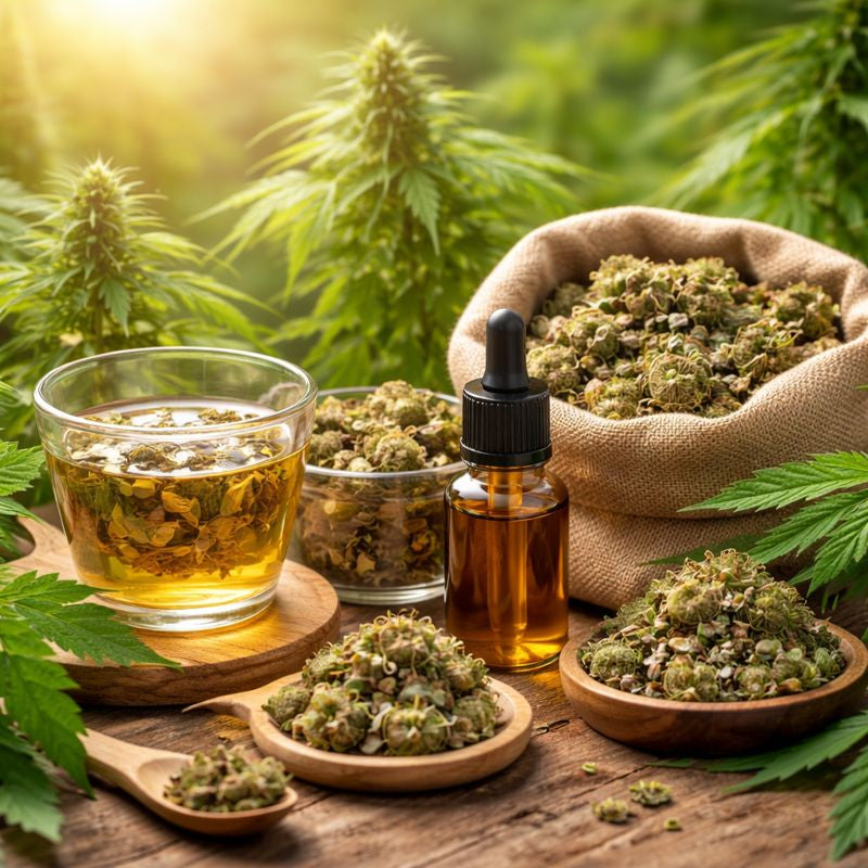 Fleur CBD, huile CBD et tisane CBD dans un univers naturel et bien-être