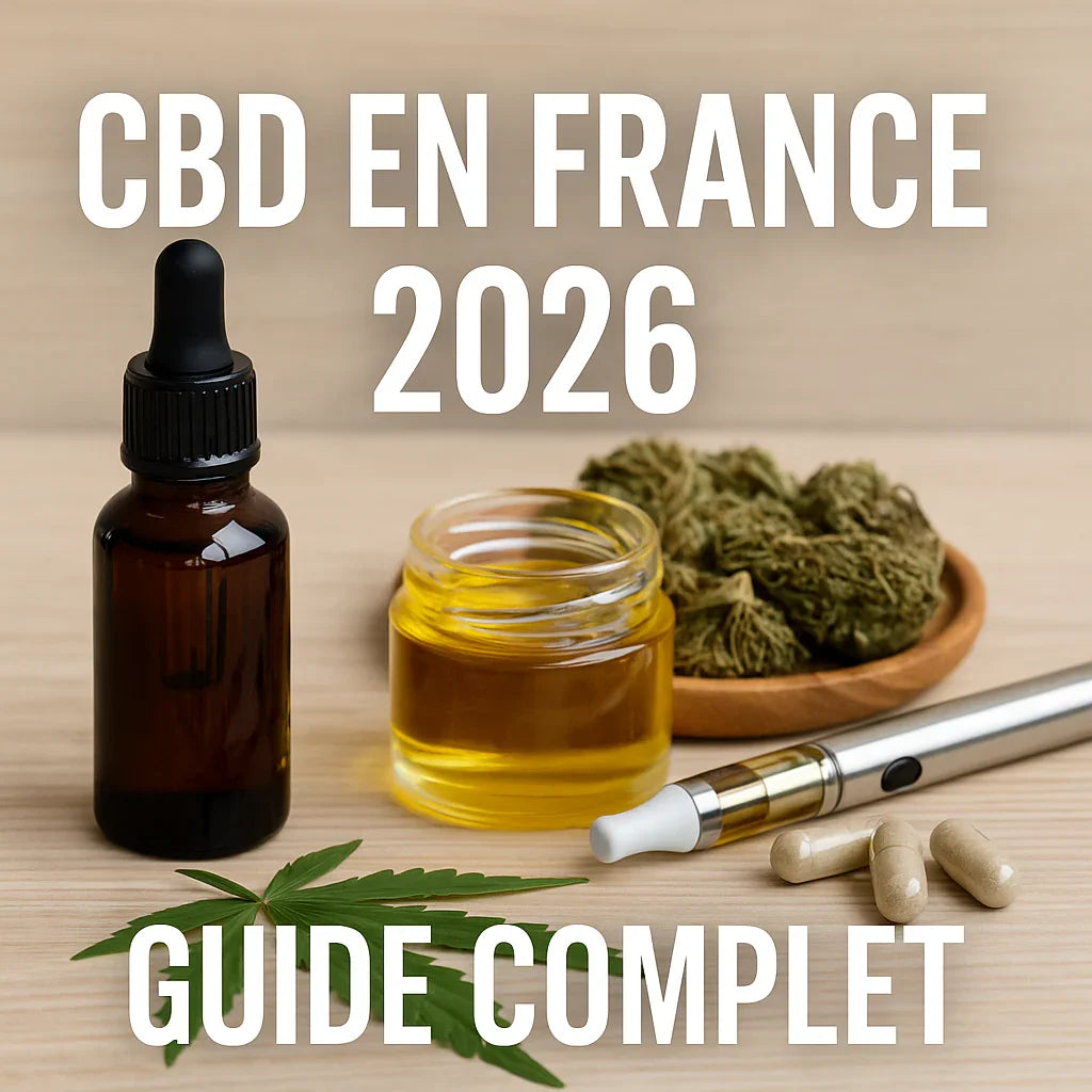 Visuel réaliste présentant huiles, fleurs et produits CBD pour illustrer le guide complet CBD en France 2026 par LA CBDIÈRE.
