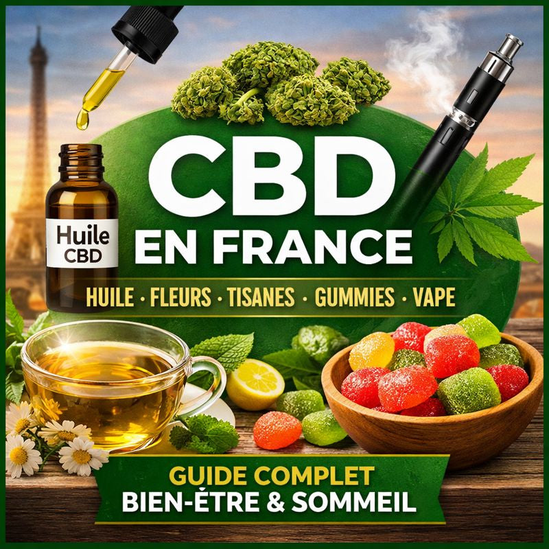 Visuel CBD en France présentant huiles CBD, fleurs CBD relaxantes, tisanes CBD, gummies et vape – Guide bien-être et sommeil LA CBDIÈRE