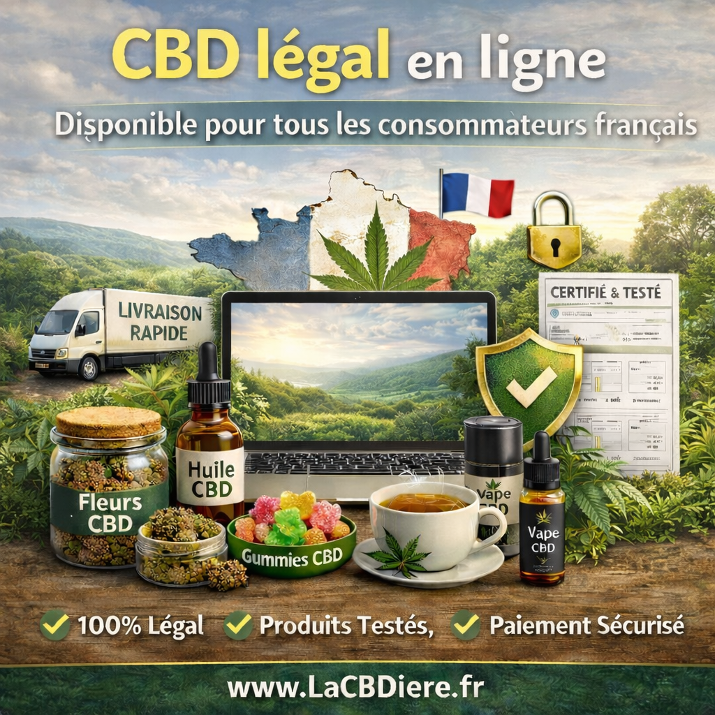 CBD légal en ligne en France pour tous les consommateurs français avec fleurs CBD, huile CBD, e-liquide CBD et gummies cannabidiol proposés par LA CBDIÈRE