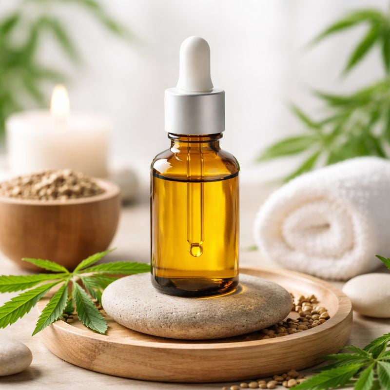 Flacon d’huile de CBD sans étiquette dans un décor bien-être, illustration pour acheter une huile de CBD en France
