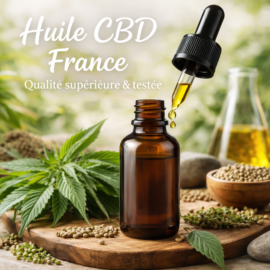 Huile CBD France naturelle pour le bien-être avec flacon d’huile de cannabidiol et feuilles de chanvre proposée par LA CBDIÈRE
