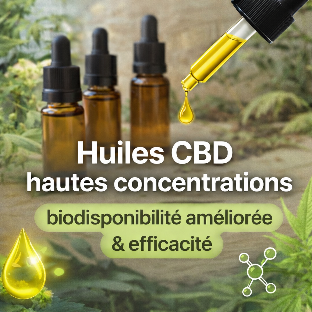 Huiles CBD hautes concentrations avec biodisponibilité améliorée, flacons naturels d’huile de CBD pour le bien-être et la relaxation