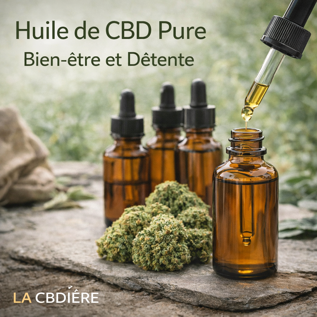 Huile de CBD pure pour le bien-être et la détente avec flacons d’huile de chanvre et fleurs de CBD naturelles proposées par LA CBDIÈRE