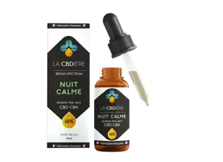 Fiole 10 ml d’huile CBD CBN 20 % NUIT CALME LA CBDIÈRE – huile de chanvre naturelle pour favoriser le sommeil et la détente.