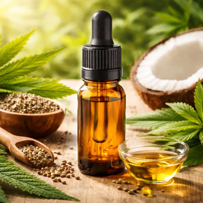 Bouteille d’huile CBD en verre ambré avec feuilles de chanvre en arrière-plan