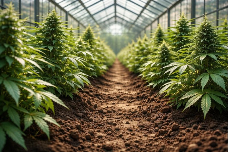 Plantation de fleurs CBD en serre greenhouse, rangées de plants de cannabis légal cultivés pour une qualité premium chez LA CBDIÈRE.