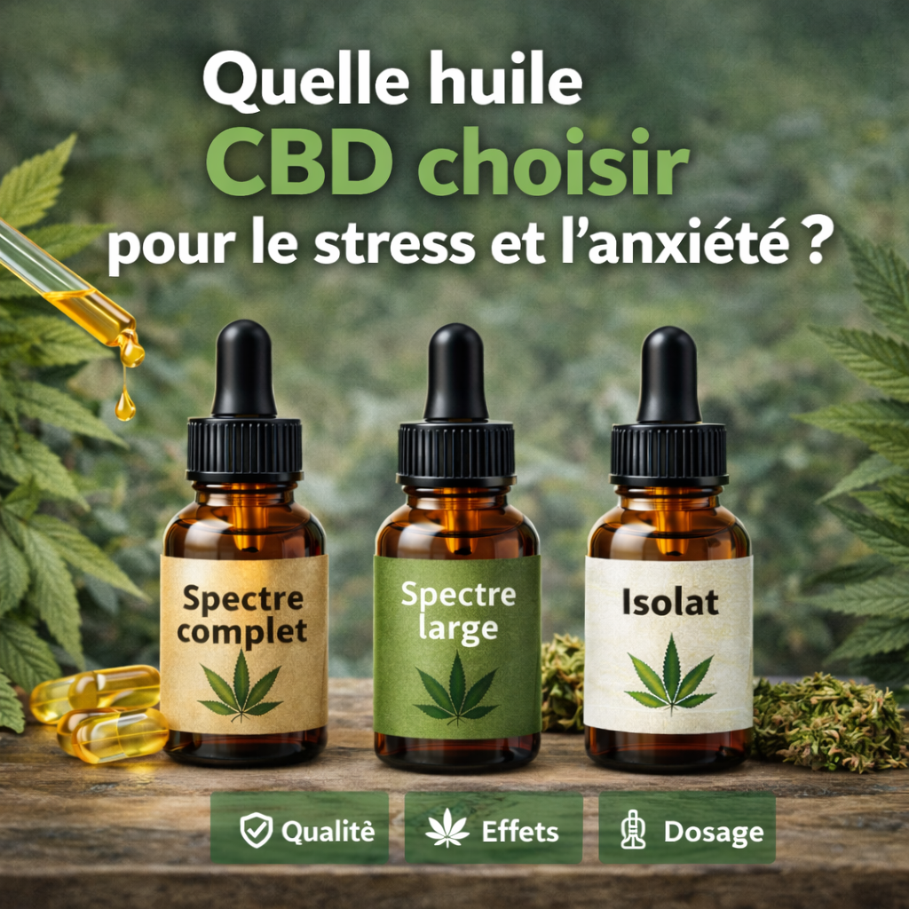 Comparatif des huiles CBD pour le stress et l’anxiété : spectre complet, spectre large et isolat pour choisir la meilleure option