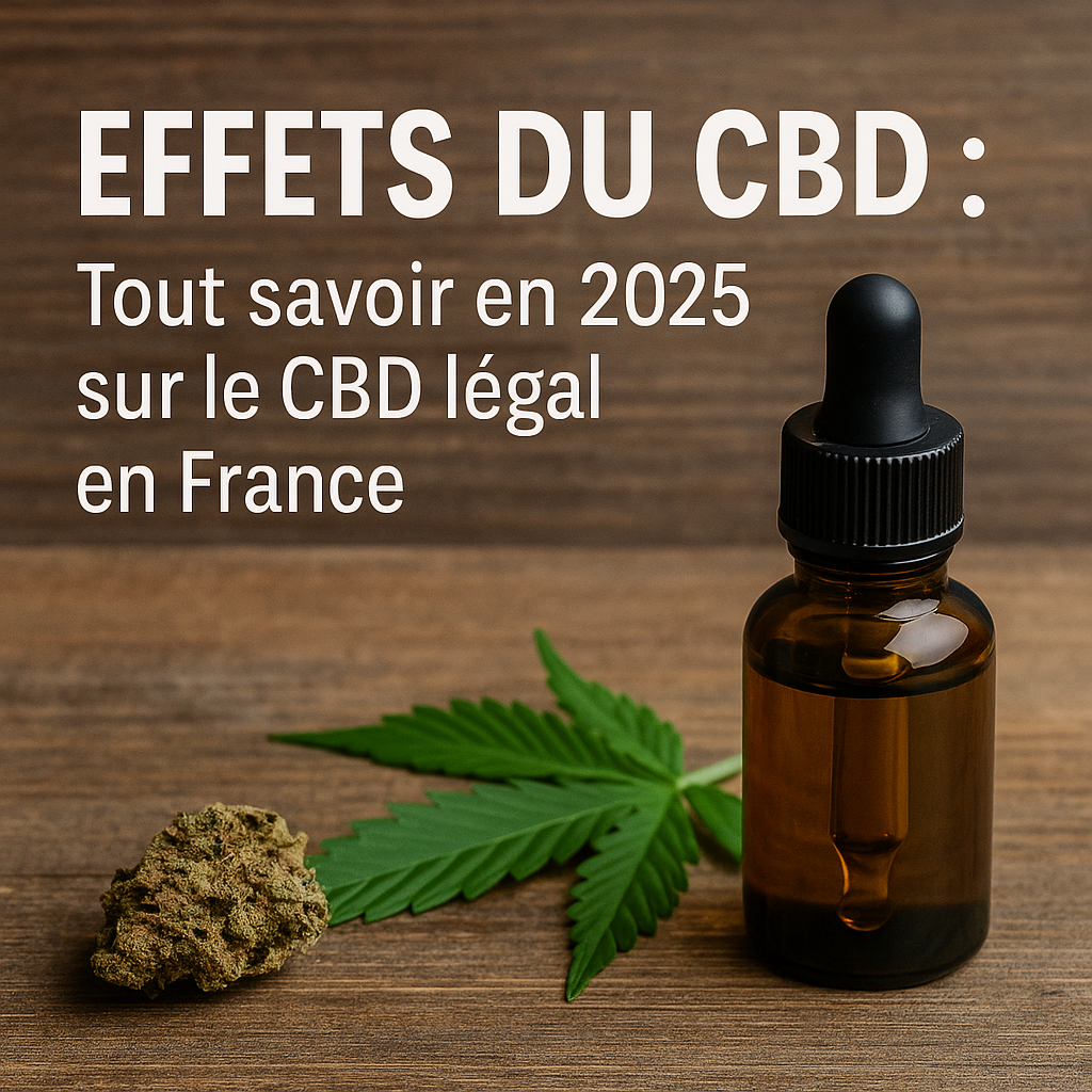 Visuel montrant une bouteille d’huile de CBD et une fleur de chanvre, illustrant les effets du CBD et le CBD légal en France en 2025 – LA CBDIÈRE.