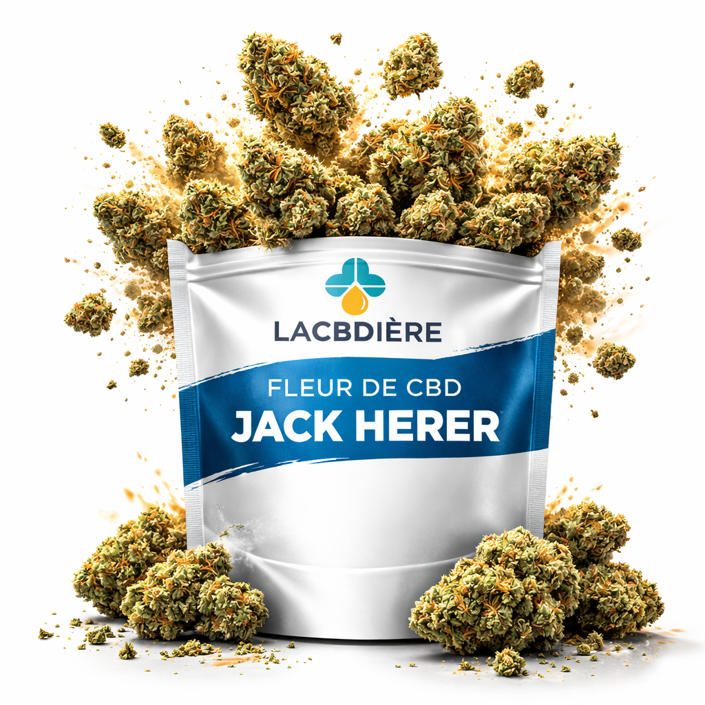 Fleur de CBD Jack Herer LA CBDIÈRE, fleurs de chanvre CBD premium Jack Herer, grosses têtes résineuses riches en CBD, visuel produit officiel, qualité supérieure et légale en France