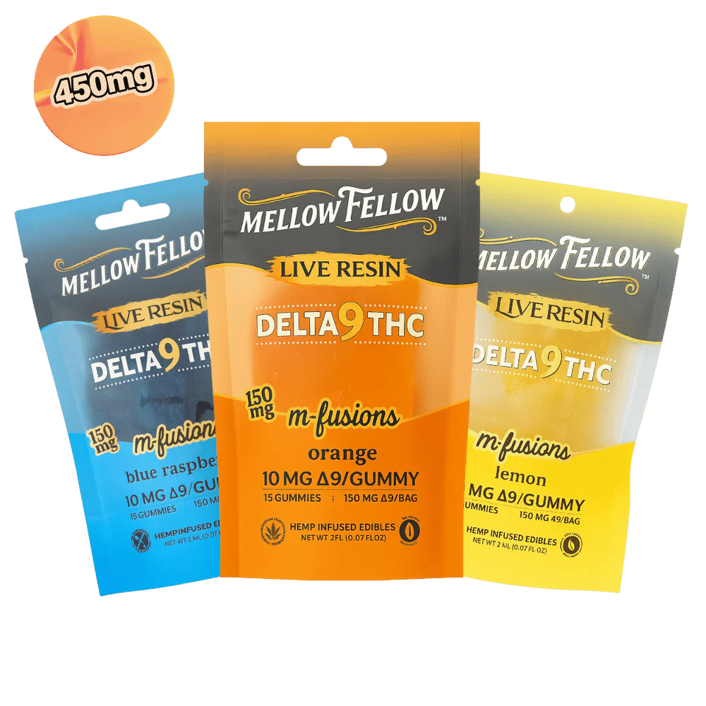 THC Live Resin Gummies Mellow Fellow 150 mg Delta-9 — pack bundle 3 sachets orange citron blue raspberry, 10 mg THC par gummy, vegan sans sucres ajoutés