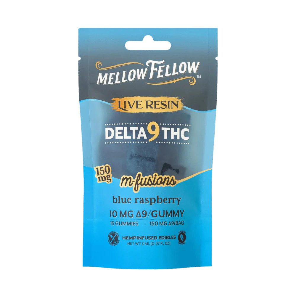 Gummies THC Live Resin Mellow Fellow Delta-9 THC saveur Blue Raspberry – bonbons vegan infusés aux terpènes naturels LA CBDIERE