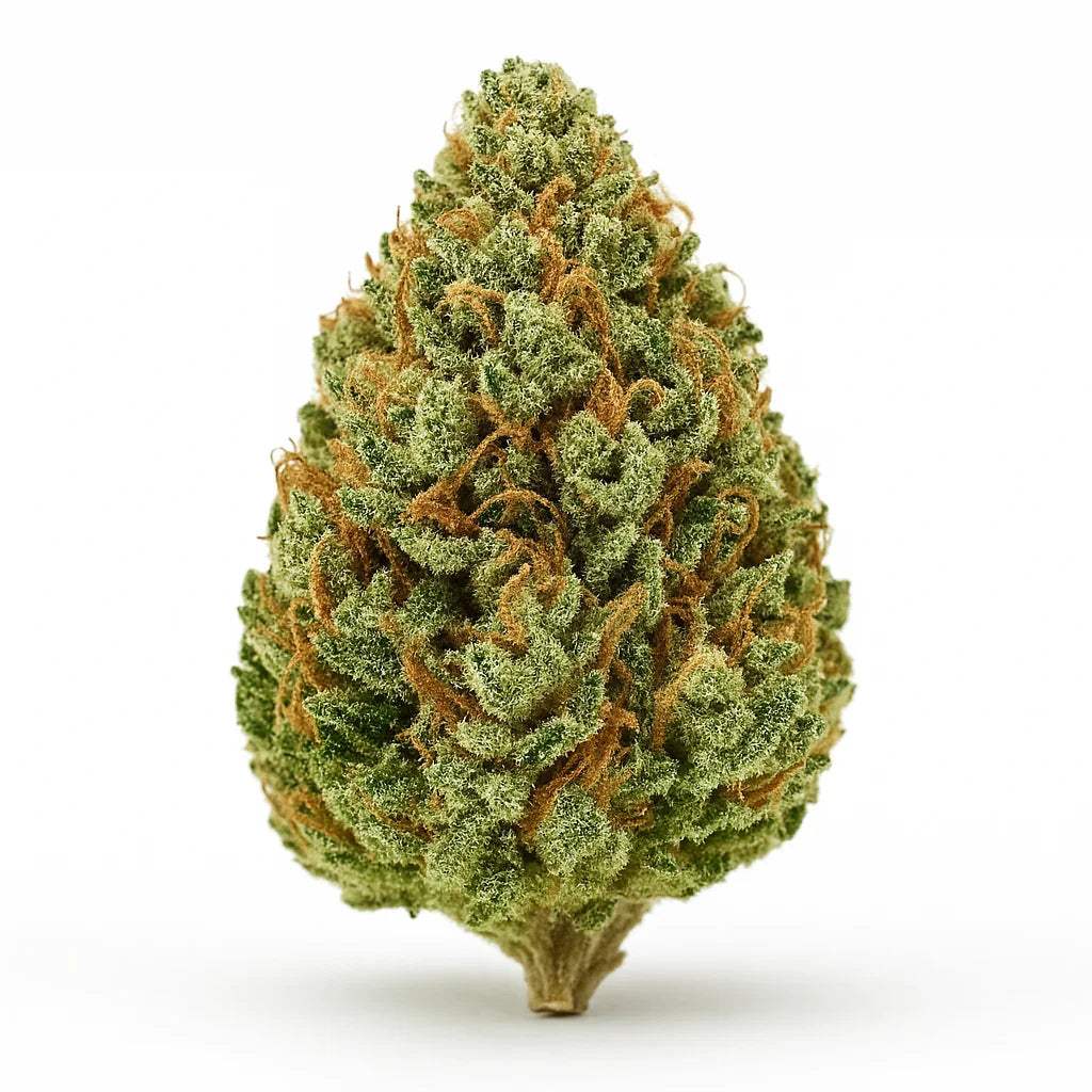 Fleur de CBD White Widow en gros plan – bourgeon dense couvert de trichomes blancs et de pistils orange