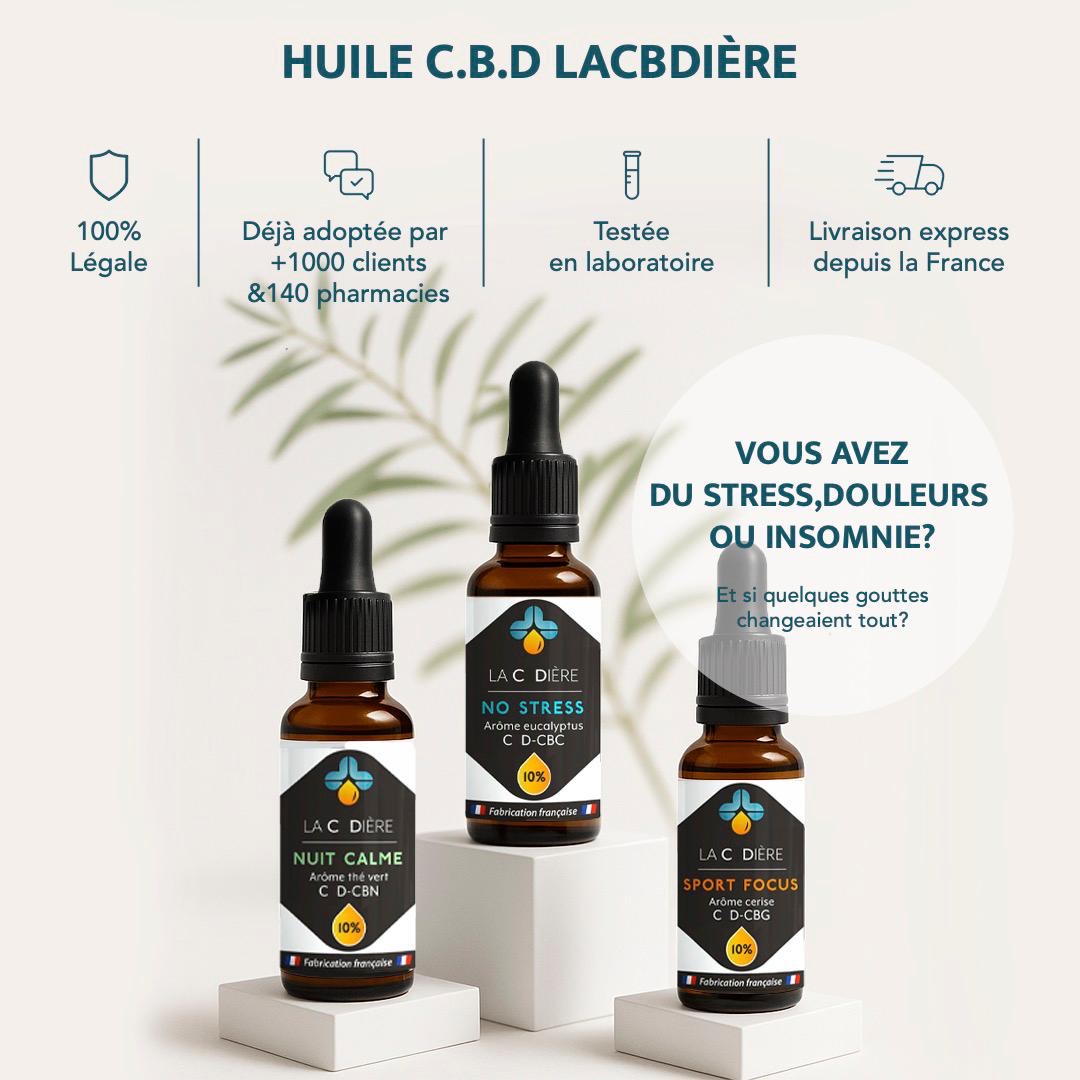 Bannière promotionnelle d’huile de CBD LA CBDIÈRE, mettant en avant les bienfaits naturels sur le stress, les douleurs et le sommeil, avec flacon de 20 % CBD, feuille de chanvre et message "fabrication française – livraison offerte dès 45 €".