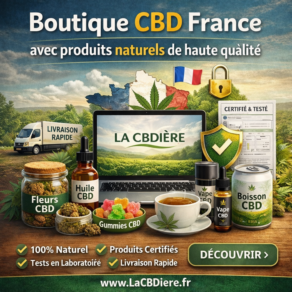 Boutique CBD France fiable proposant fleurs de CBD premium, huiles CBD naturelles, e-liquides CBD, gummies cannabidiol et tisanes CBD sur LA CBDIÈRE