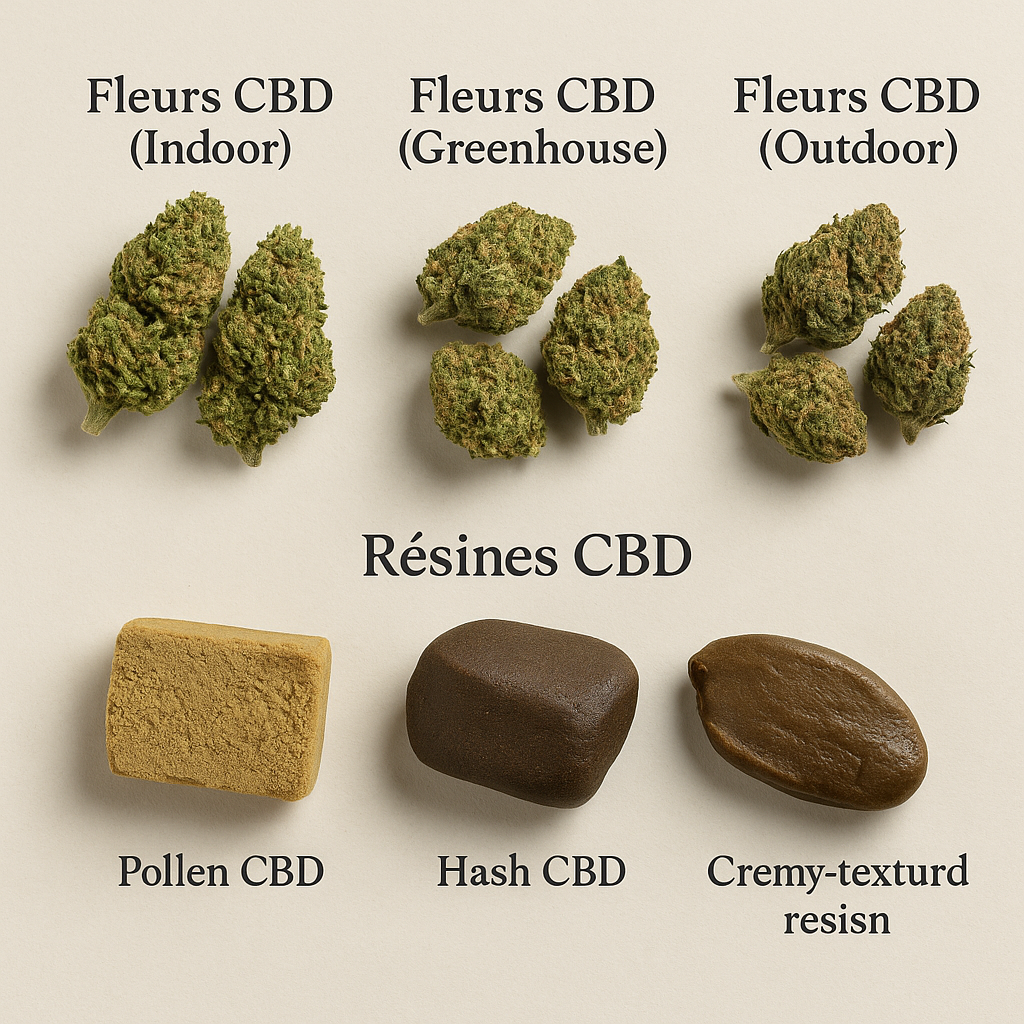 Carte des fleurs CBD et résines CBD La CBDIÈRE : fleurs CBD indoor, greenhouse et outdoor, pollen CBD, hash CBD et résines crémeuses, sélectionnées et analysées en laboratoire