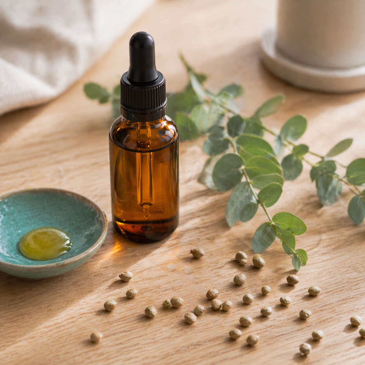 Flacon d'huile CBD ambré avec pipette, coupelle teal contenant une goutte d'huile, feuilles d'eucalyptus et graines de chanvre sur table en bois naturel — guide complet sur le cannabidiol par La CBDière