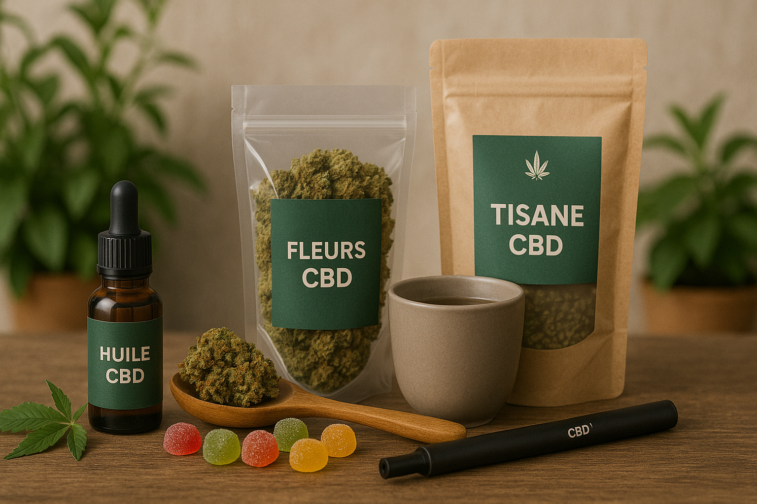 Visuel réaliste présentant des huiles CBD, fleurs de CBD, tisanes, vapes et gummies de LA CBDIÈRE dans une scène naturelle pour illustrer le guide CBD en France.