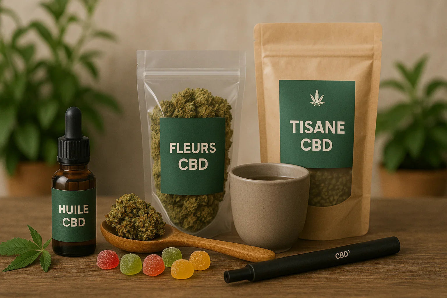 Visuel réaliste présentant des huiles CBD, fleurs de CBD, tisanes, vapes et gummies de LA CBDIÈRE dans une scène naturelle pour illustrer le guide CBD en France.