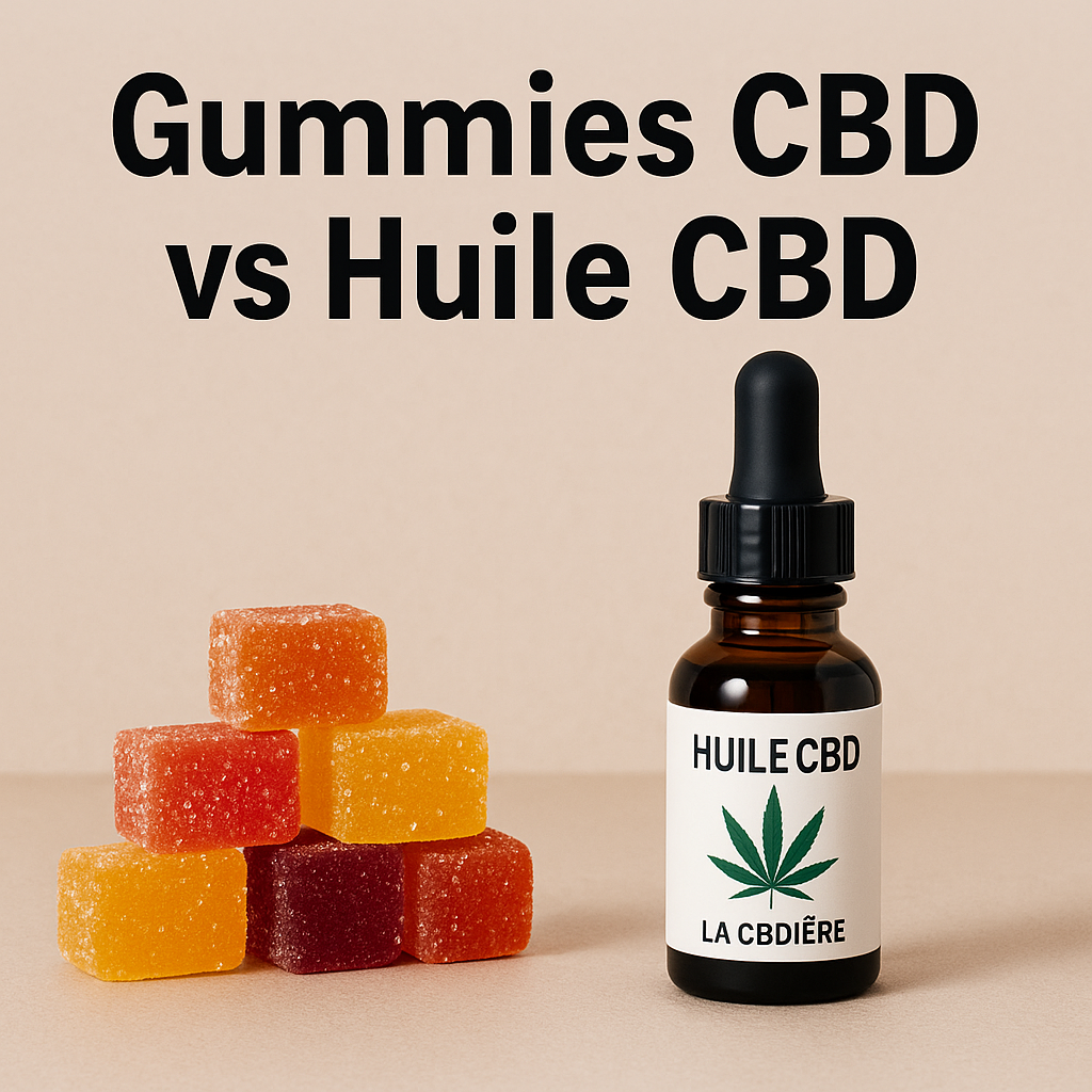 Comparatif CBD : gummies vs huile CBD. À gauche, des gummies colorés. À droite, un flacon d’huile CBD LA CBDIÈRE. Illustration de l’article sur les différences entre gummies CBD et huile CBD.