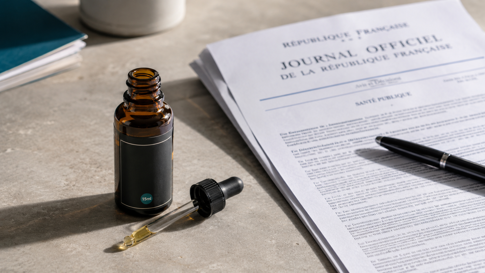 Flacon d'huile CBD ambré posé à côté du Journal Officiel de la République Française mentionnant la santé publique, illustration de l'interdiction des huiles CBD au 15 mai 2026 par la DGAL dans le cadre du règlement Novel Food