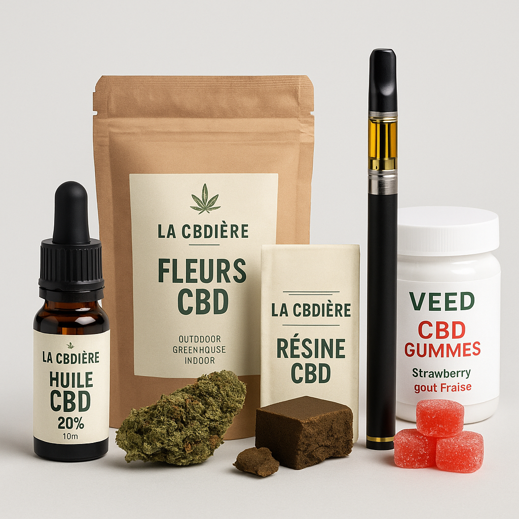 Visuel des produits CBD LA CBDIÈRE regroupant huile CBD, fleurs CBD, résine CBD, vape pen et gummies.