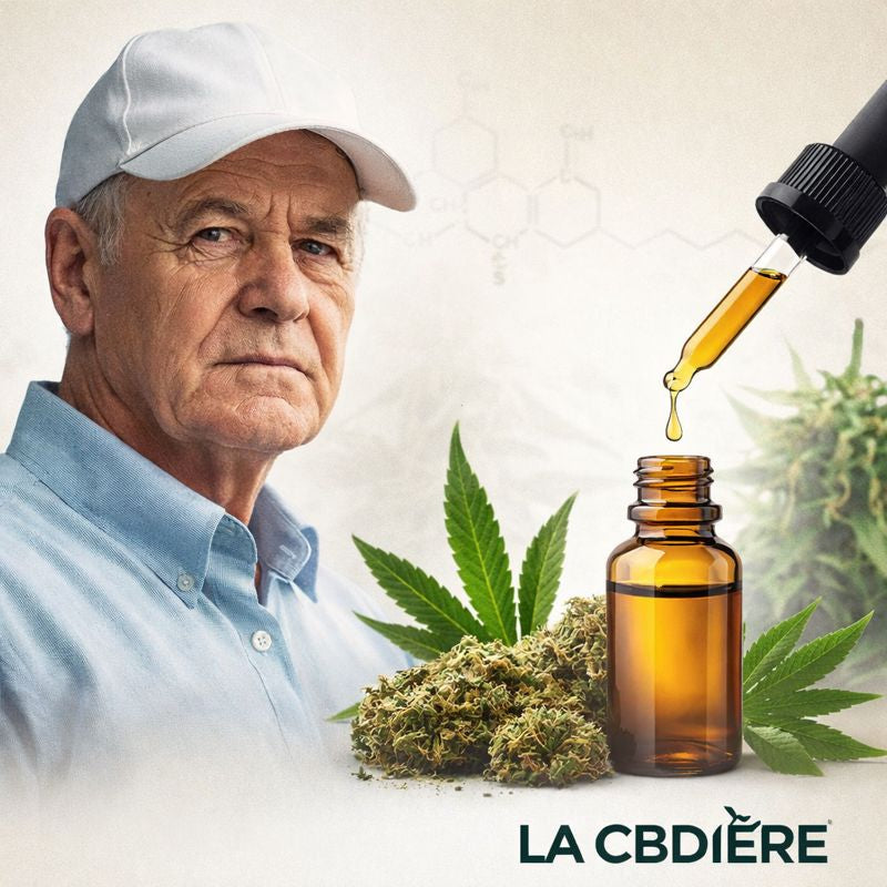 Portrait symbolique de Rick Simpson avec une bouteille d’huile CBD, fleurs de cannabis légales et logo LA CBDIÈRE, illustrant l’histoire de la Rick Simpson Oil et le potentiel des cannabinoïdes.
