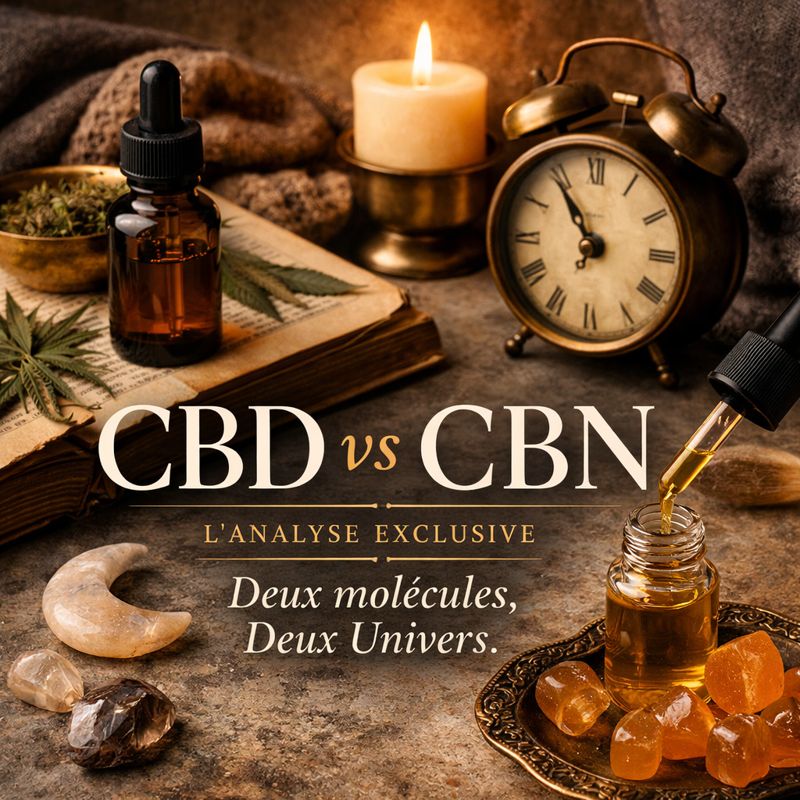 Visuel premium CBD vs CBN montrant des huiles de chanvre, un flacon compte-gouttes, une bougie et un réveil vintage, illustrant la différence entre cannabidiol et cannabinol pour l’analyse LA CBDIÈRE