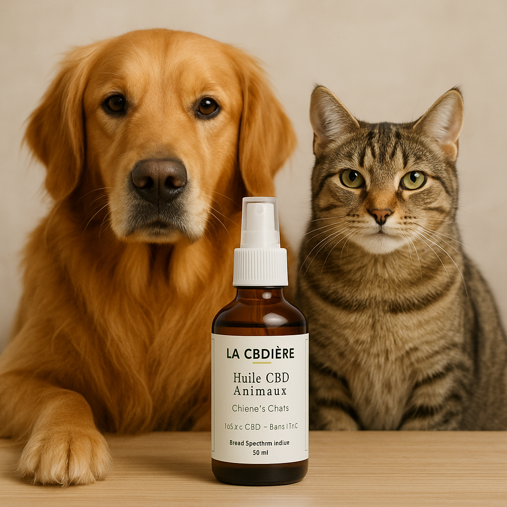 Huile CBD La CBDIÈRE pour chiens et chats, formule sans THC, flacon ambré 50ml, animaux posés à côté.
