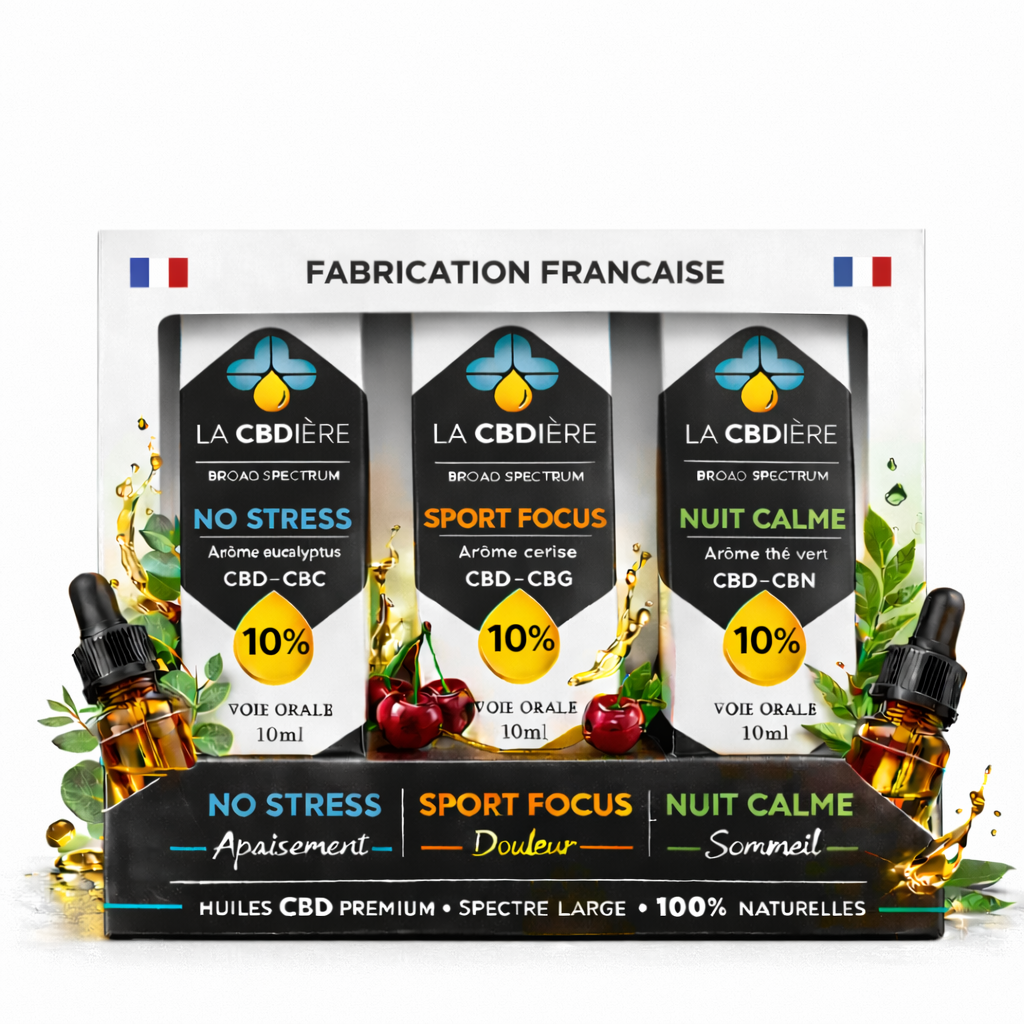 Box Trio d’huiles CBD LA CBDIÈRE avec NO STRESS, SPORT FOCUS et NUIT CALME pour stress, la réduction des douleurs musculaire et sommeil