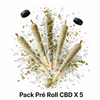 Pack Pré-Rolls CBD x5 LA CBDIÈRE avec cinq joints CBD pré-roulés de 1g, sans tabac, présentés en explosion visuelle de fleurs de CBD, pour une expérience détente pratique et premium.