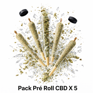 Pack Pré-Rolls CBD x5 LA CBDIÈRE avec cinq joints CBD pré-roulés de 1g, sans tabac, présentés en explosion visuelle de fleurs de CBD, pour une expérience détente pratique et premium.