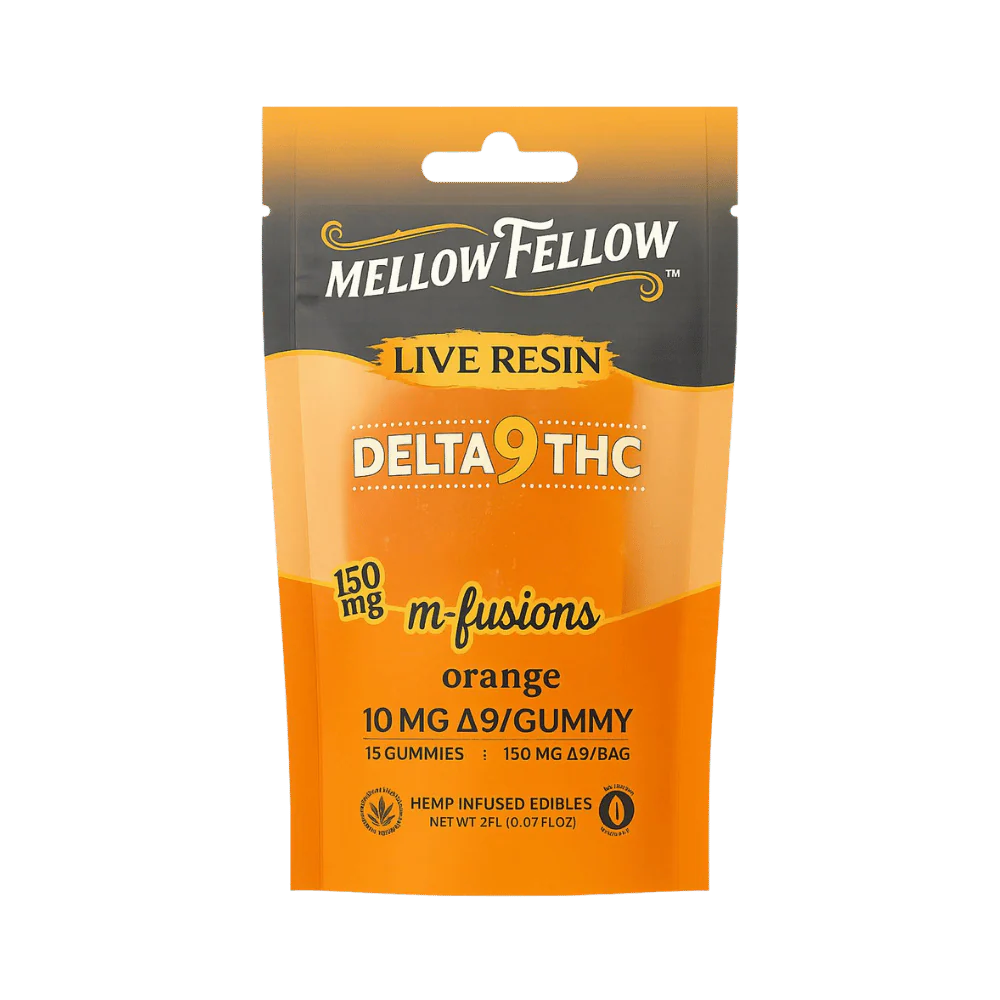 Gummies THC Live Resin Mellow Fellow Delta-9 THC saveur Orange – gummies premium vegan aux terpènes naturels