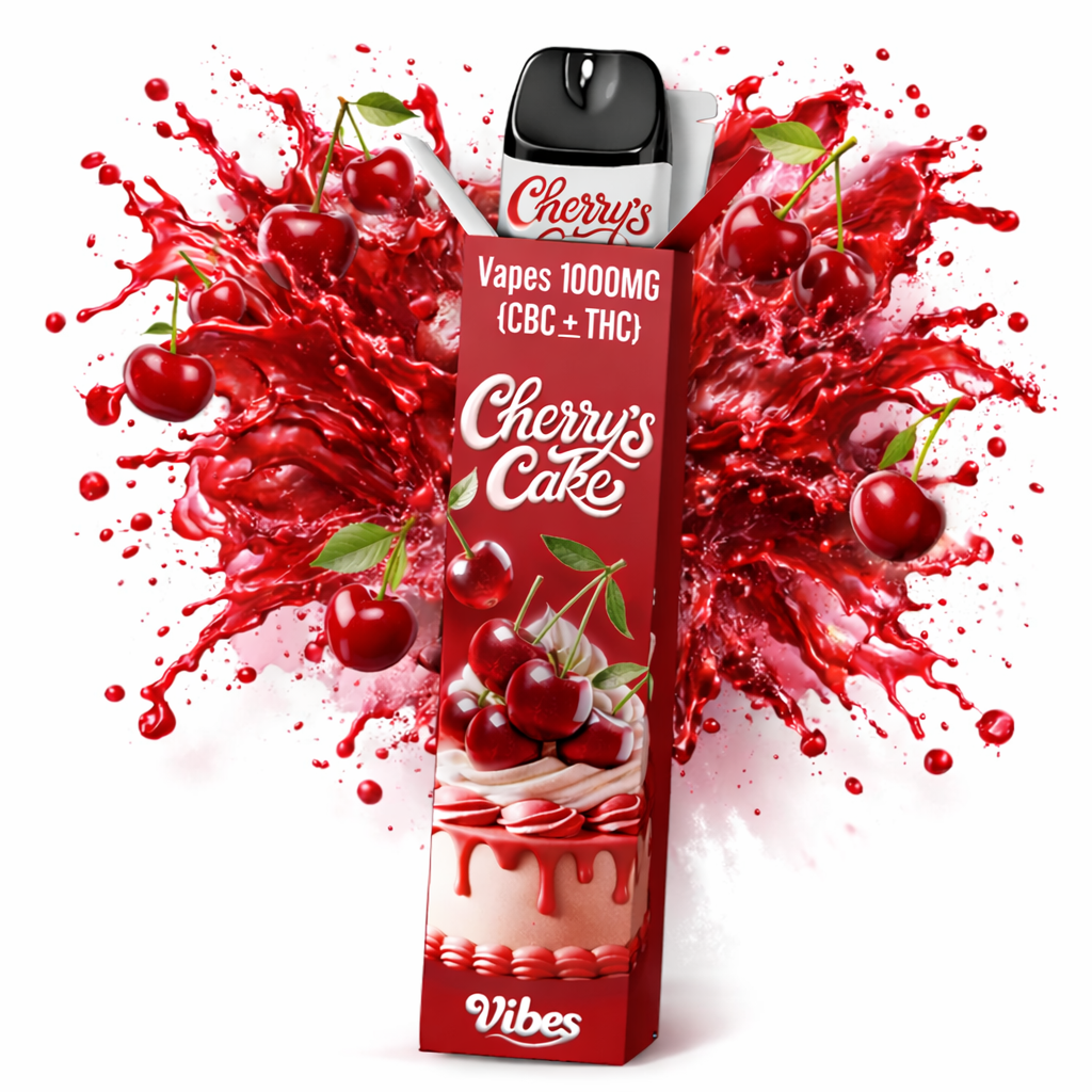 Vape VIBES 1000MG CBC+THC – saveur Cherry’s Cake – arôme gâteau aux cerises crémeux – vape légale THC < 0,2 % – puff 600 bouffées