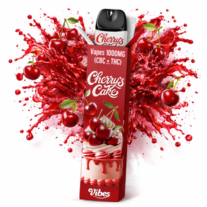 Vapes VIBES 1000MG CBC+THC – saveur Cherry’s Cake – arôme gâteau aux cerises crémeux – vape légale THC < 0,2 % – puff Vibes 600 bouffées