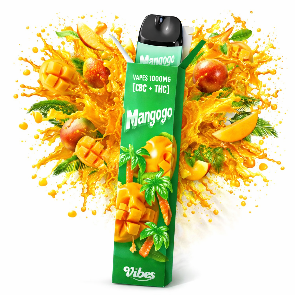 Vape VIBES 1000MG CBC+THC – saveur Mangogo – arôme mangue tropicale – vape légale THC < 0,2 % – puff 600 bouffées. Dès 39,99€