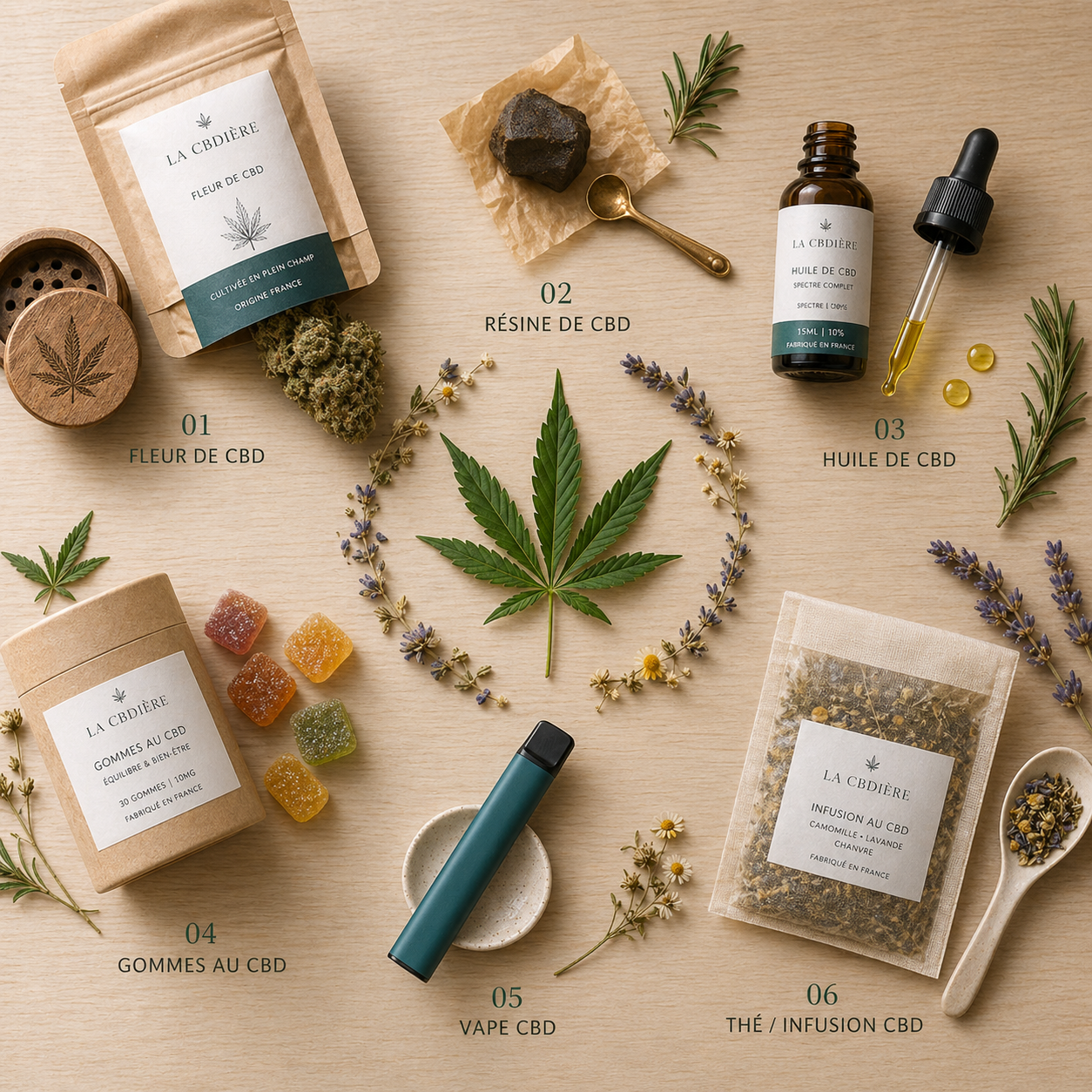 Découverte du CBD et de ses 6 formats — fleur, résine, huile, gummies, vape et tisane CBD sélectionnés par LA CBDIÈRE