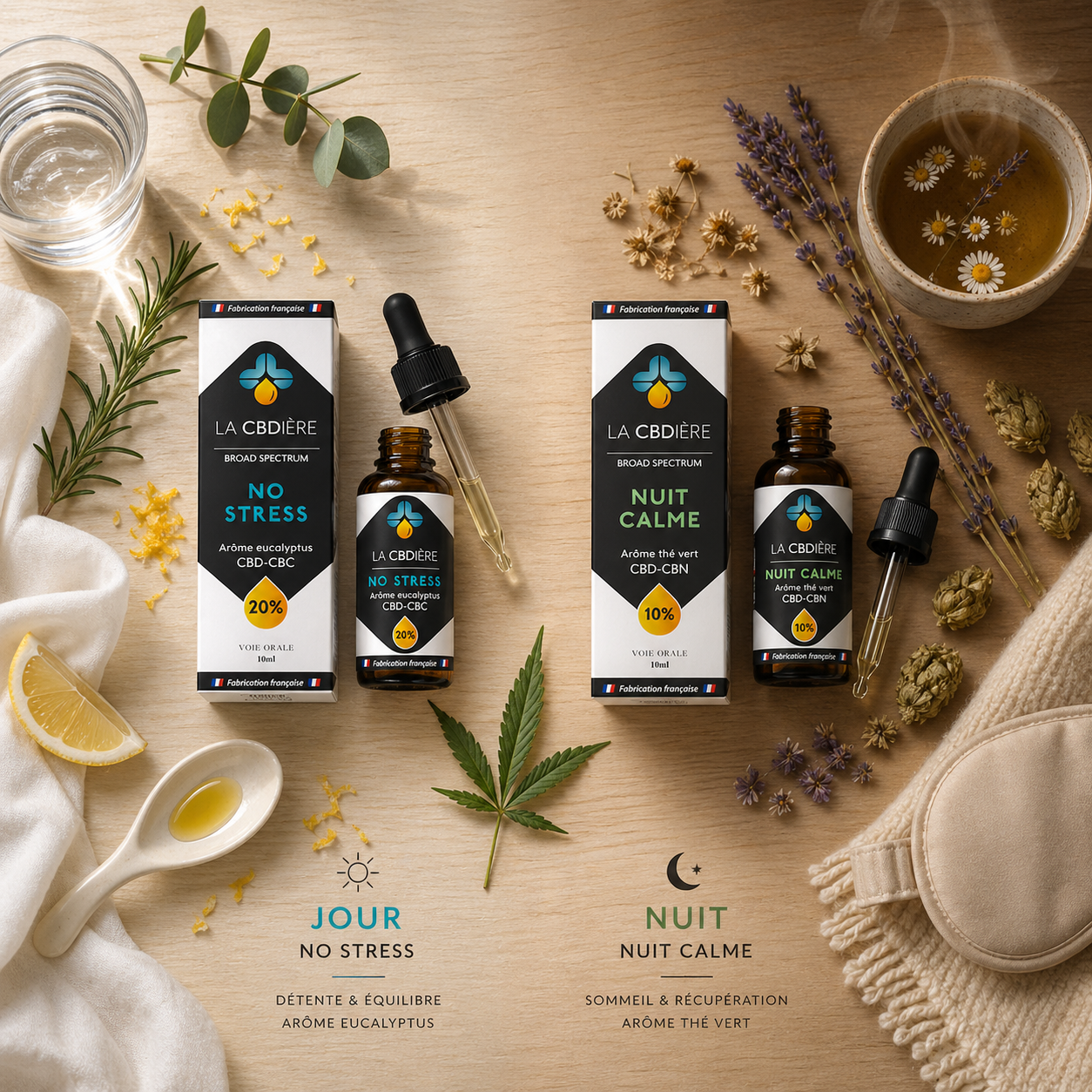 Huile CBD CBC NO STRESS pour le stress et l'anxiété et Huile CBN & CBD NUIT CALME pour le sommeil — formules ciblées de fabrication française LA CBDIÈRE