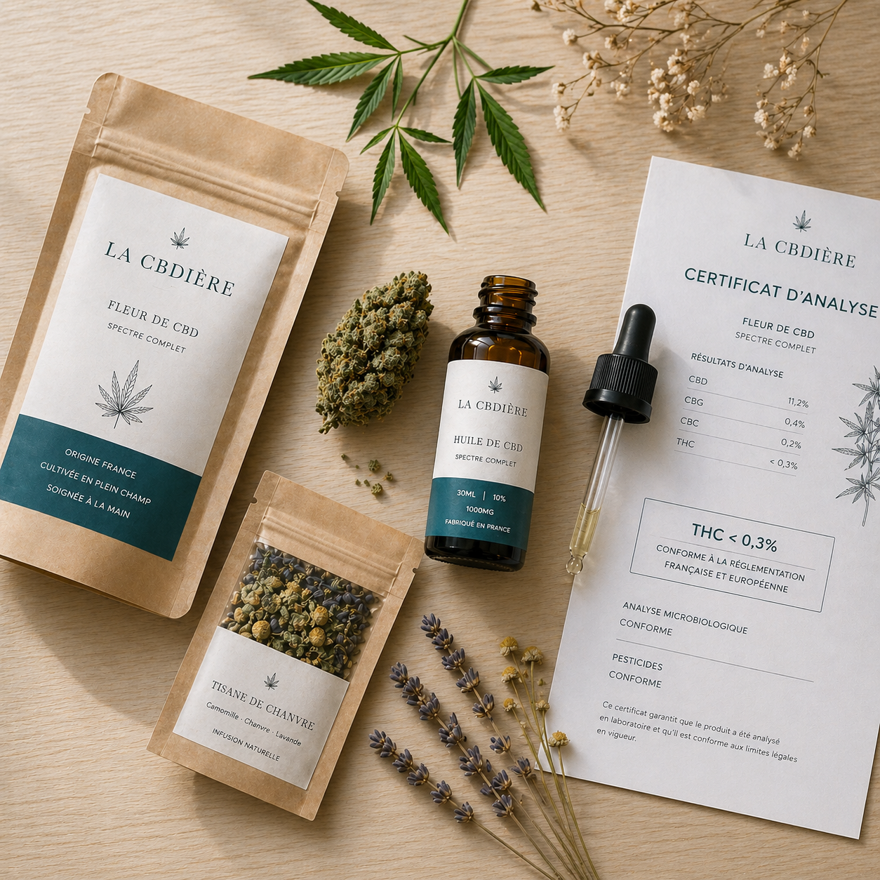 Sélection CBD premium LA CBDIÈRE — fleur CBD spectre complet, huile CBD et tisane de chanvre avec certificat d'analyse laboratoire conforme THC inférieur à 0,3%